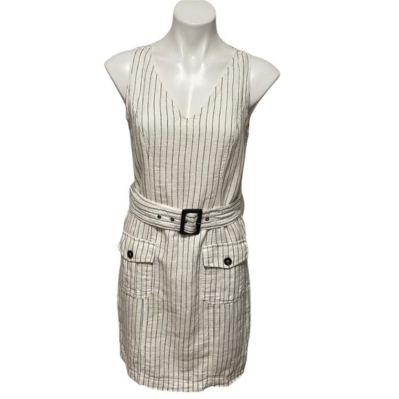 Rachel Zoe Size 4 White Striped Linen Blend Sleeveless Belted Dress - Picture 3 of 7
